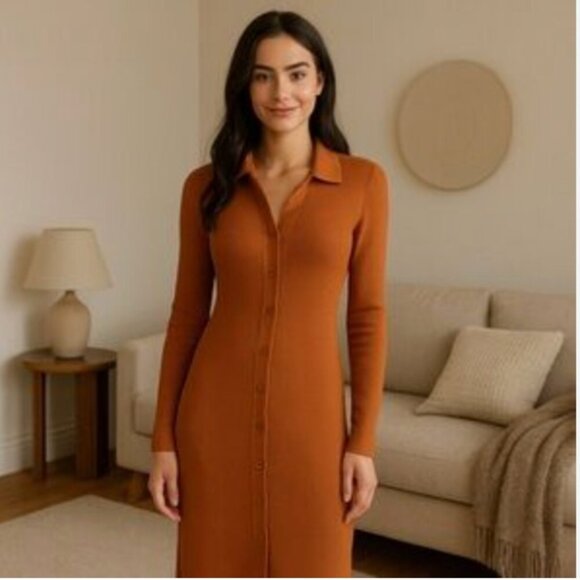Aritzia Wilfred Cove Long Sleeve Knit Ribbed Dress Oriole Orange Size Large - Picture 1 of 7